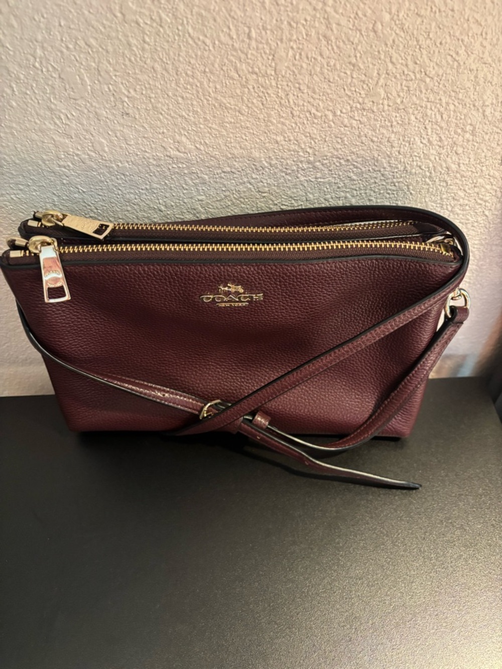 Coach Pebbled Leather Double-Zip Crossbody in Burgundy
